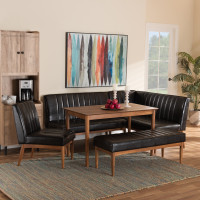 Baxton Studio BBT8051.12-Dark BrownWalnut-5PC Dining Nook Set Baxton Studio Daymond Mid-Century Modern Dark Brown Faux Leather Upholstered and Walnut Brown Finished Wood 5-Piece Dining Nook Set